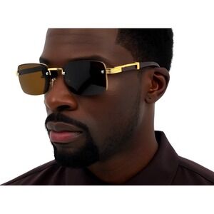Men's Rimless Luxury Hip Hop Gem‎ Cut Brown Tint Gold Frame Rectangle Sunglasses